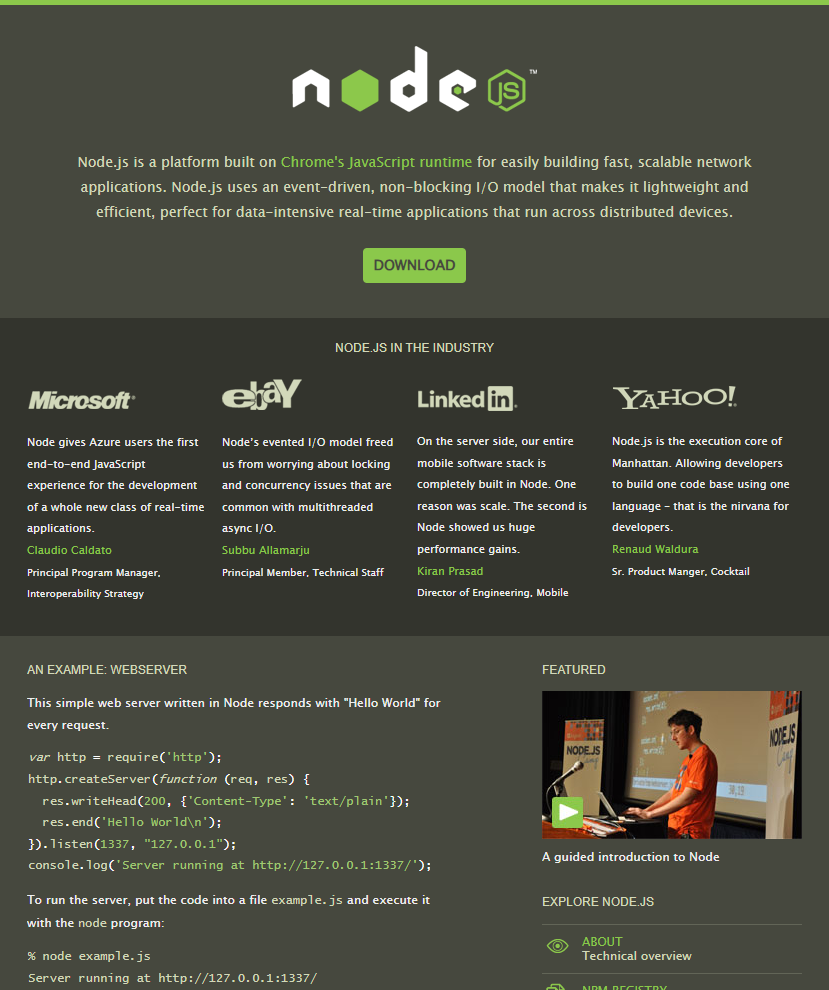 A screenshot of the nodejs.org website from late 2011.